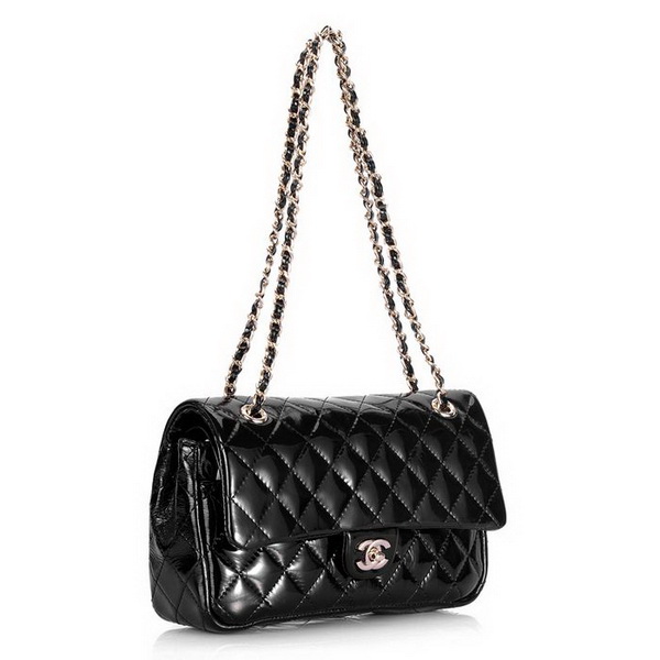 Chanel Classic 2.55 Series Flap Bag 1112 Black Patent Leather Golden Hardware