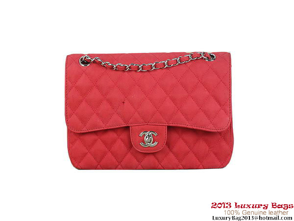 Chanel 2.55 Series Flap Bag Red Original Nubuck Leather A1112 Silver