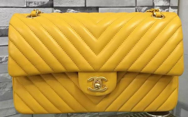 Chanel 2.55 Series Flap Bag Yellow Lambskin Chevron Leather A5023 Gold