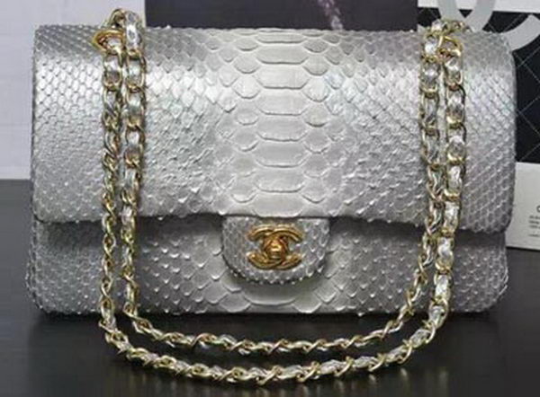 Chanel 2.55 Series Flap Bags Grey&White Original Python Leather A1112SA Gold