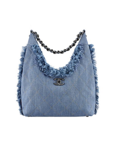 Chanel Denim Hobo Handbag Embellished Withe Fringe A90720 Blue