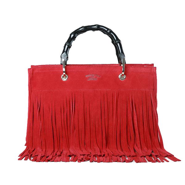 Gucci Bamboo Fringe Shopper Suede Tote Bag 349198 Red