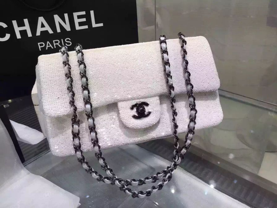 borse Chanel Flap pelle di capra ricamato Paillettes A94291 Bianco /
