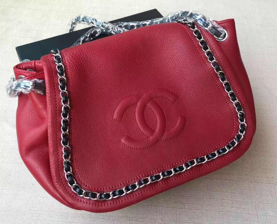 Chanel Grained pelle Vintage catena intorno borse a tracolla Red /
