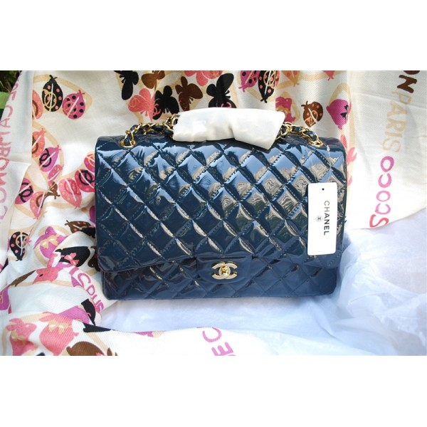Chanel A47600 Flap Borse Di Brevetto Blu Scuro Con Oro
