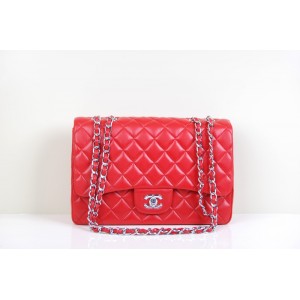 A28600 Chanel Classic Red Agnello Flap Bag Argento Hw