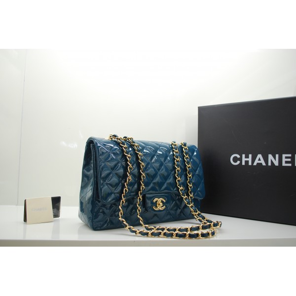 Chanel 2011 Verde Scuro Brevetto Borse Jumbo Flap In Pelle Con O
