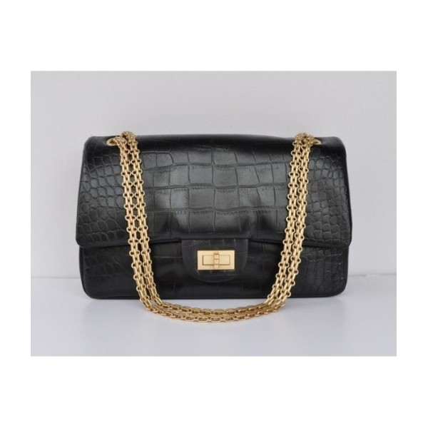 Chanel A37590 Nero Croc Veins Leather Flap Bag Catena Doro