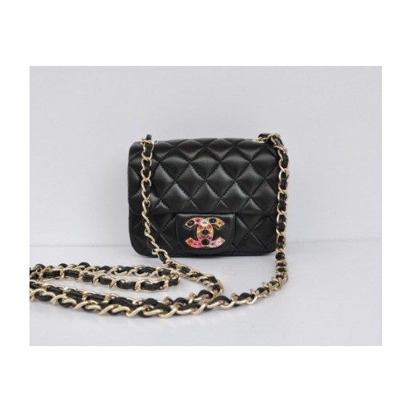 Chanel 2011 Black Flap Bag Agnello Mini Con Multi Stone Di Blocc