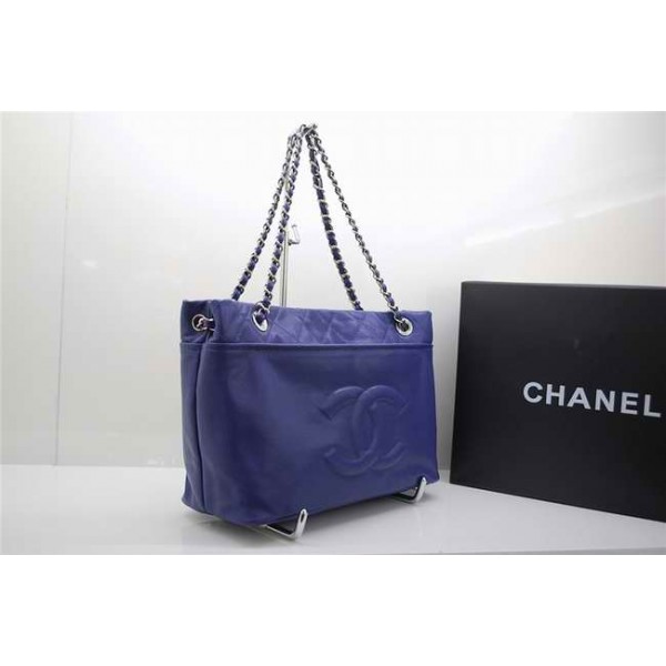 Chanel 2010 Caviar Bag In Pelle Blu Con Chanel Firma