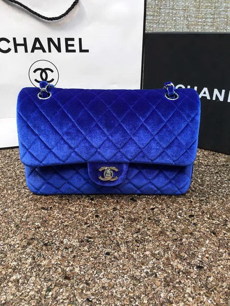Chanel 2.55 Series Flap Bags Original Blue Velvet Leather A1112 Silver
