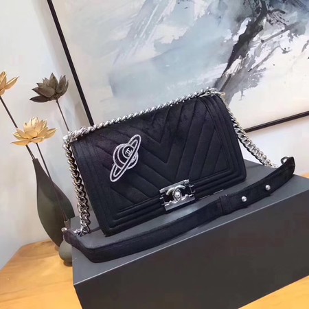 Boy Chanel Flap Shoulder Bag Chevron Velvet Leather A67068B Black