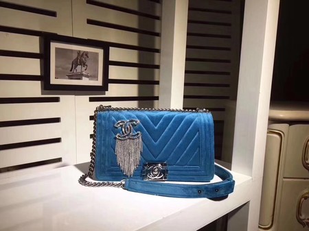 Boy Chanel Flap Shoulder Bag Chevron Velvet Leather A67068C Blue