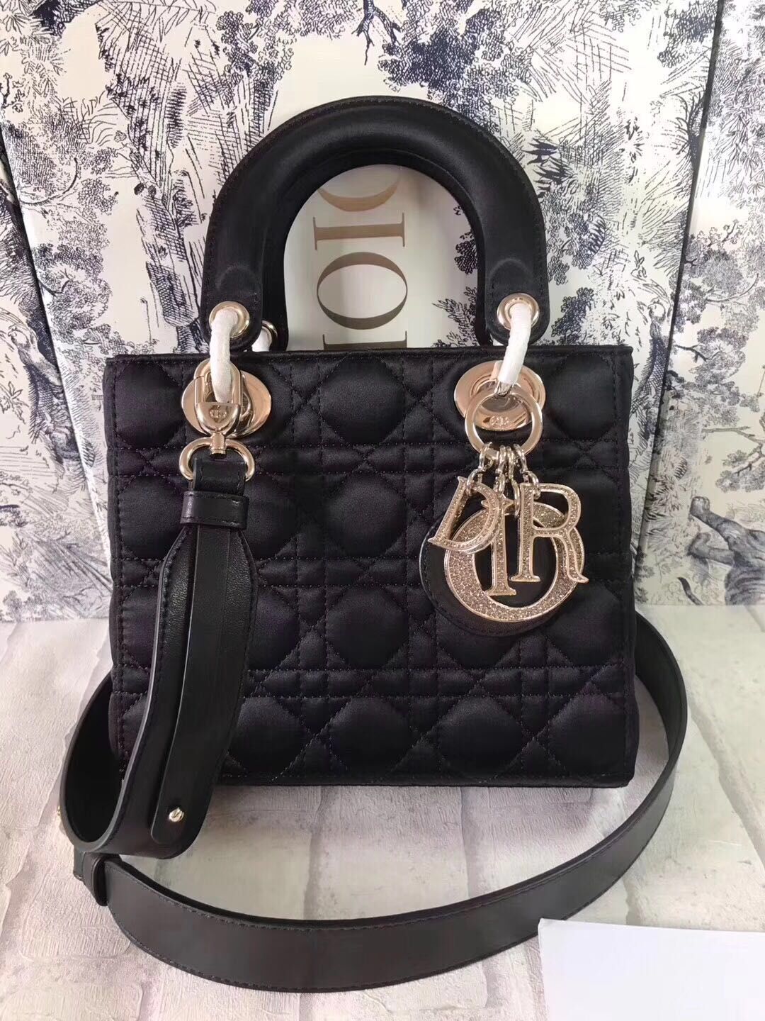 Dior Lady Original Silk Black Bag 2369 Diamond Gold