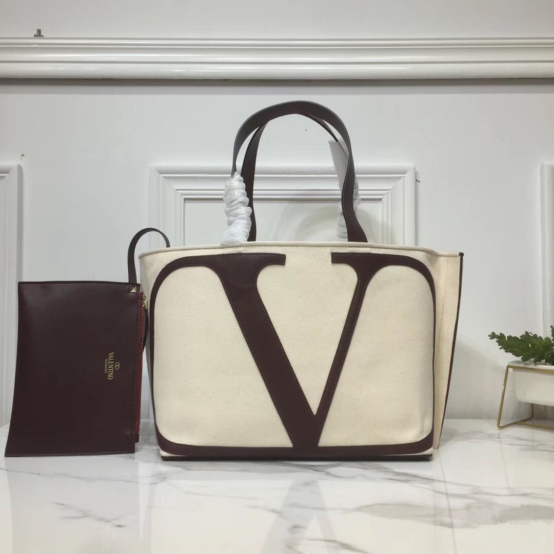 VALENTINO Canvas Shopping Bag V0065 White&Brown
