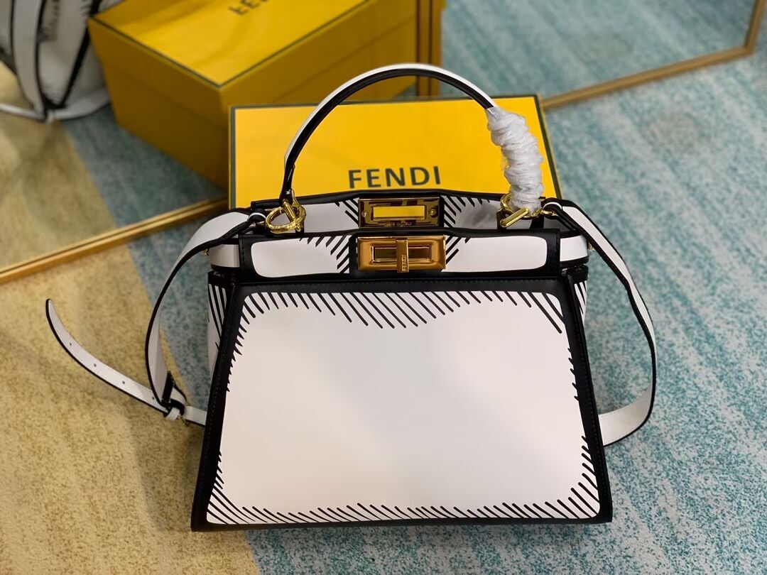 FENDI PEEKABOO ISEEU Medium Original Leather Bag F1617 White & Black