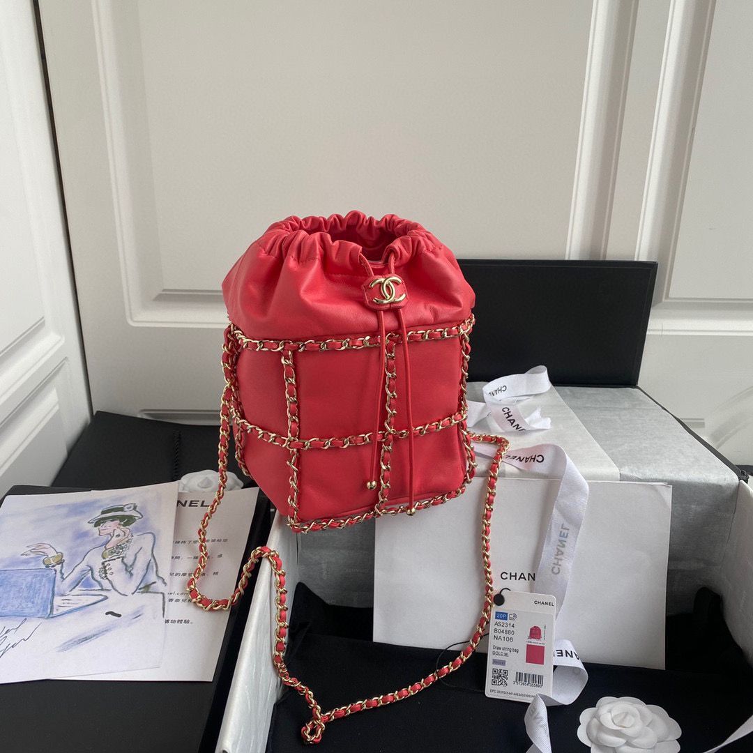 Chanel Drawstring Bag Lambskin & Gold Metal AS2314 AS2313 Red