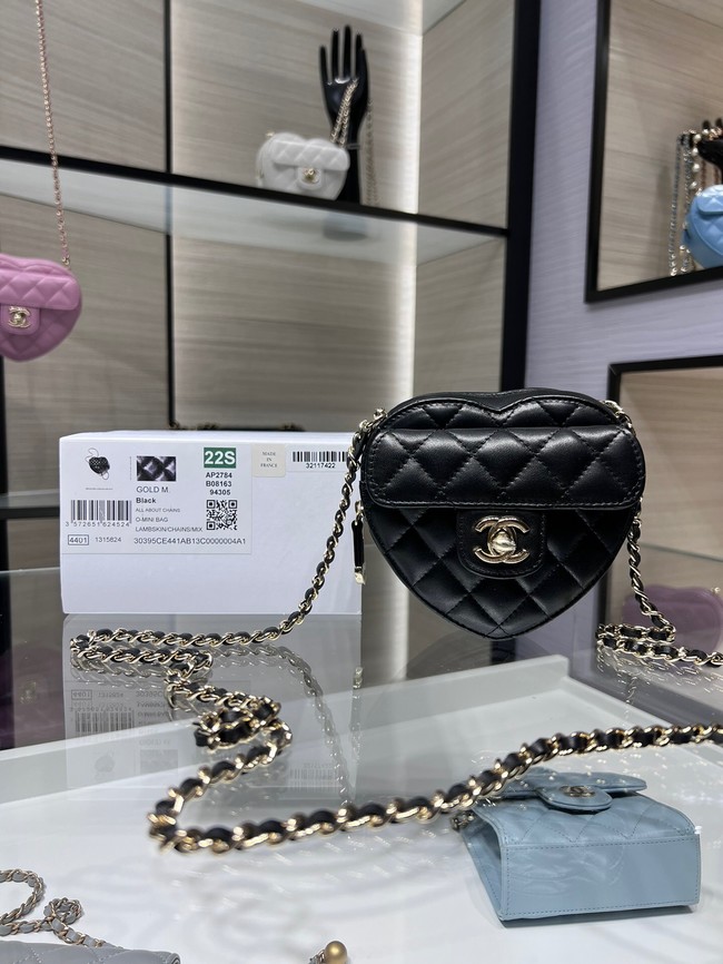 Chanel 2022S Love Heart mini Lambskin Crossbody Chain Bag AO2784 black