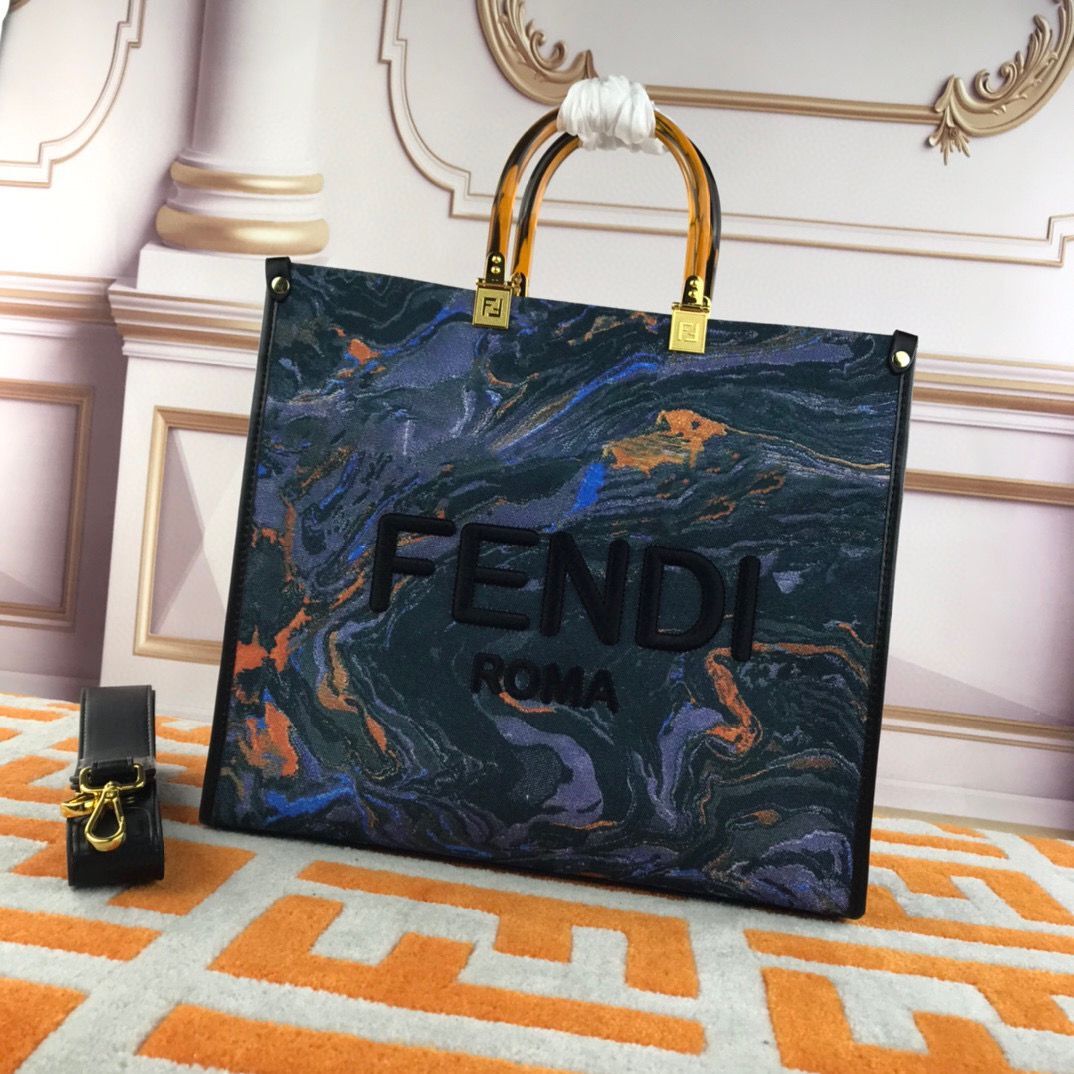 Fendi Tote Fabric Graffiti Print Shopping Bag 1676 Blue