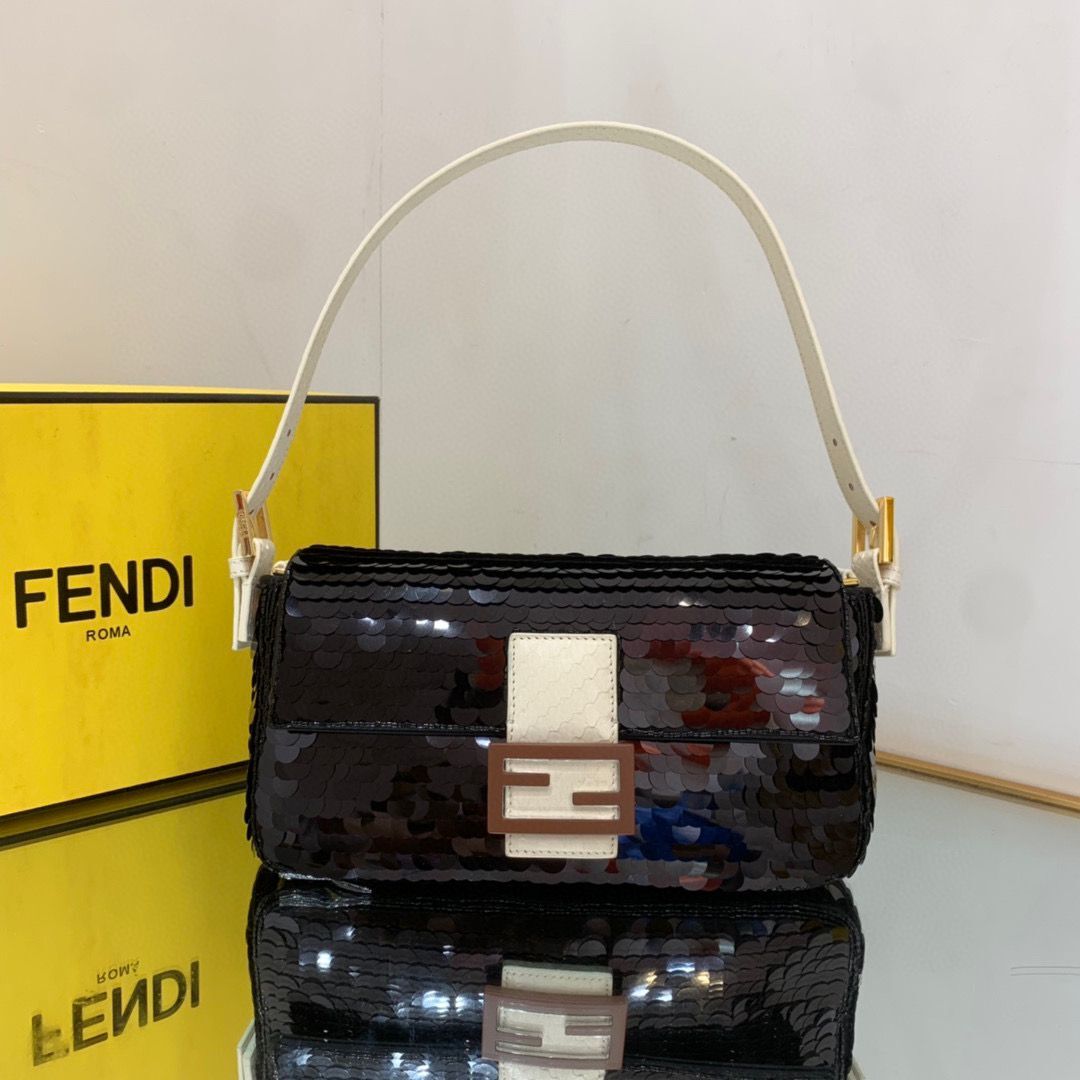 Fendi FF Baguette Gold Metal Sequin Embroidery Bag 2017 Black