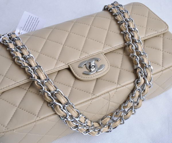 Chanel Classic 2.55 Series Apricot Lambskin Silver Chain Quilted Flap Bag 1113