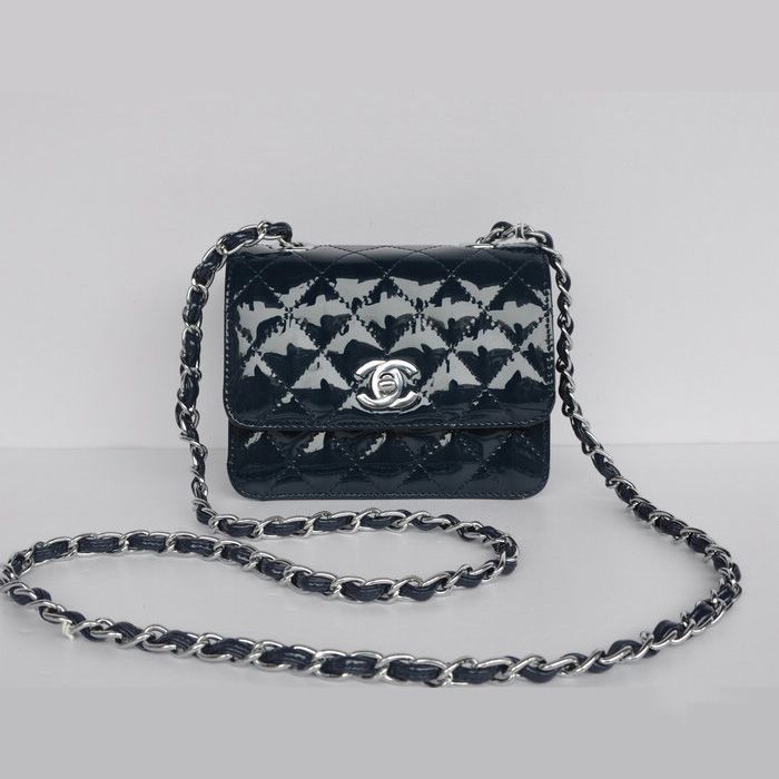 Chanel Classic Flap Borse 1118 Micro Reale pelle blu brevetti hardware Argento