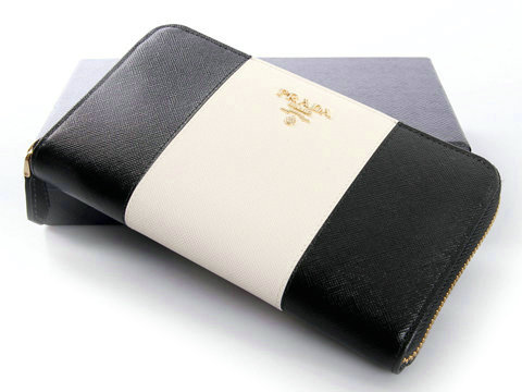 Prada Saffiano Bicolor Zip -Around Wallet 1M0506 in Nero / Bianc